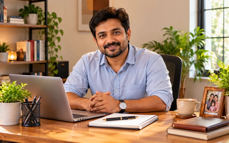 A small business owner sits confidently at a tidy desk representing the about section of a website