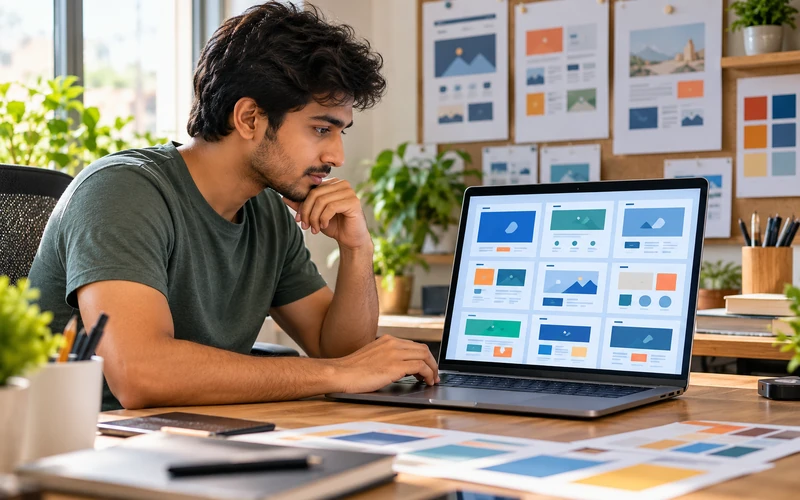 A designer reviews several website page layouts side by side on a laptop screen for consistency
