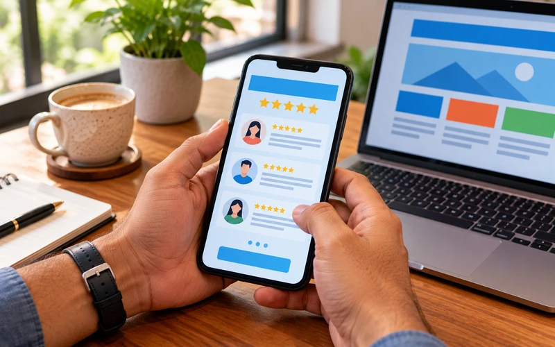 Close-up of hands holding a phone displaying blurred five-star customer reviews on a desk