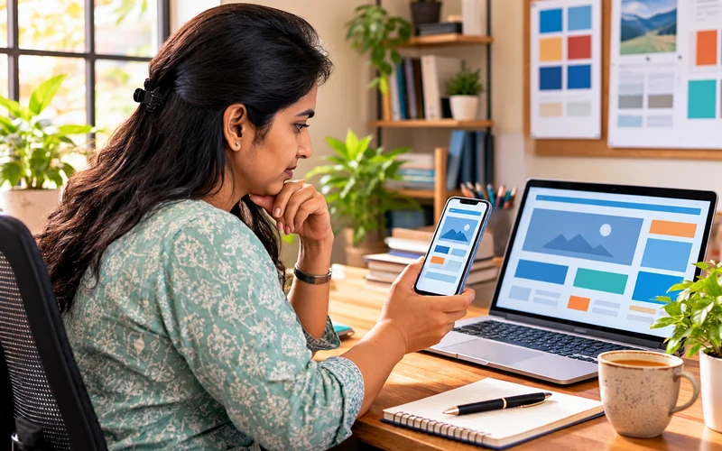 A person holds a smartphone beside an open laptop comparing mobile and desktop layouts.