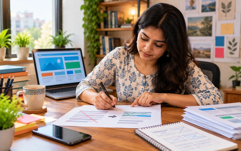 A freelancer crosses out vague text and rewrites specific project details by hand.