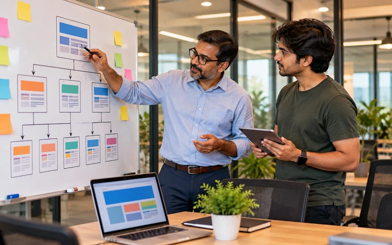 A business owner and developer discuss a website growth plan sketched on a whiteboard