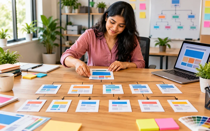 Hands arrange printed webpage thumbnails into an organized sitemap layout on a desk
