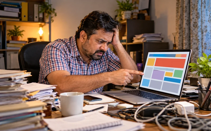 A small business owner looks concerned while pointing at a cluttered website layout on a laptop