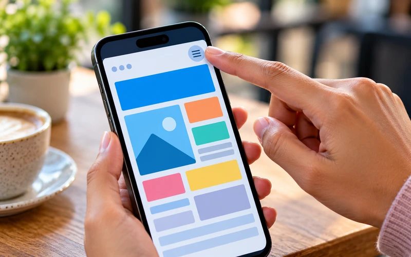 A close-up of a finger tapping a website navigation menu icon on a phone.