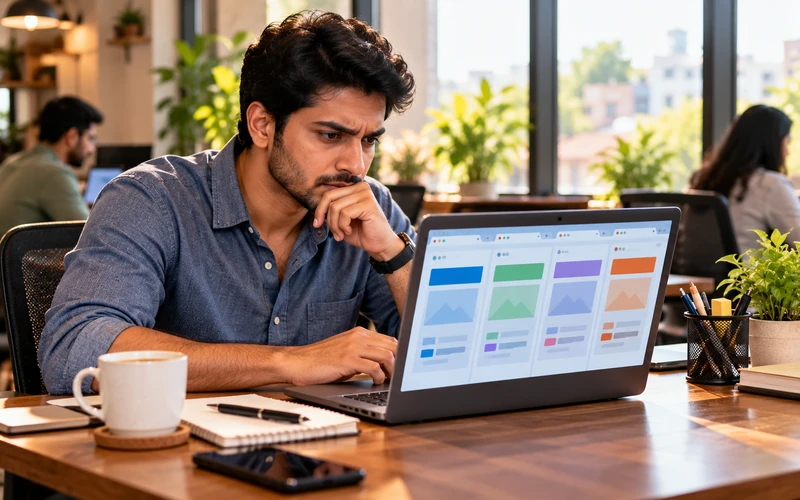 A person leans toward a laptop with several browser tabs open, comparing competing websites.