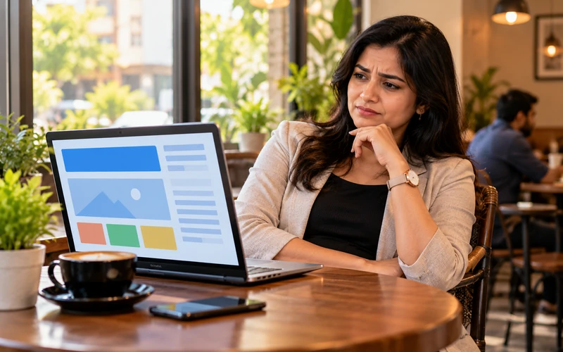 A visitor's skeptical expression reflects on a laptop screen while viewing an outdated website.