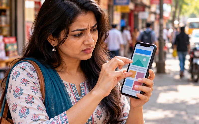 Close-up of hands pinching and zooming on a cramped, hard-to-read website on a smartphone.