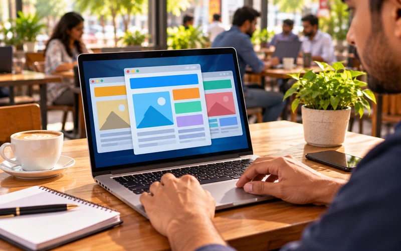 Hands hover over a laptop trackpad while several browser tabs are open side by side.