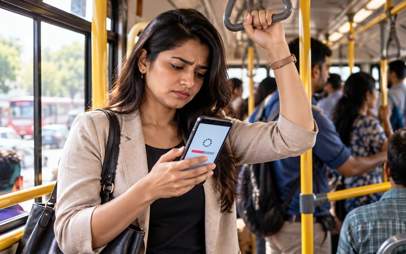 A commuter looks frustrated while a mobile website struggles to load on the go.