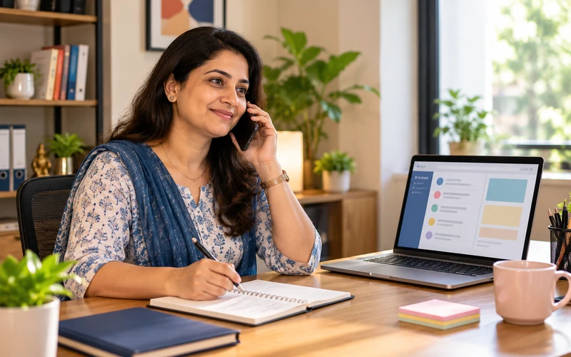 A business owner takes a phone enquiry calmly while reviewing a notepad