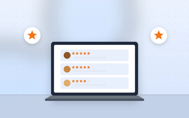 A laptop screen shows star ratings and testimonial cards from past customers