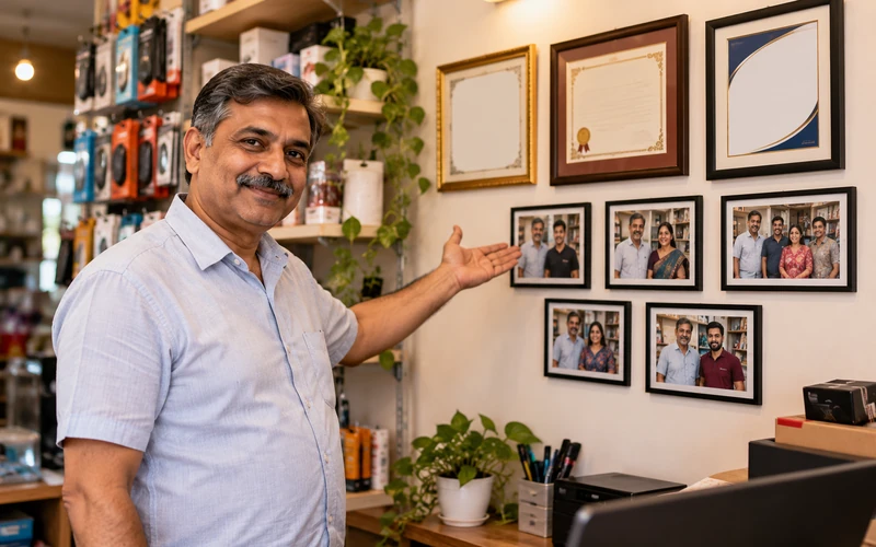 A small shop owner proudly displays certificates and customer photos on the wall