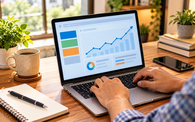 Hands type on a laptop showing a simple upward conversion trend chart on screen