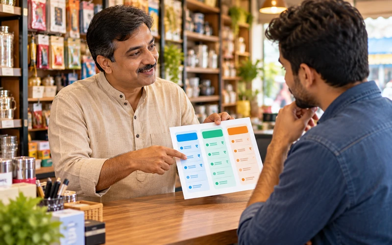 A shop owner explains a printed price list to a customer across a wooden counter