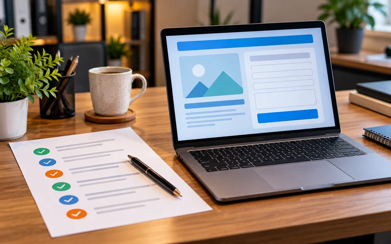 A printed checklist of qualifying questions sits next to a laptop showing a contact form
