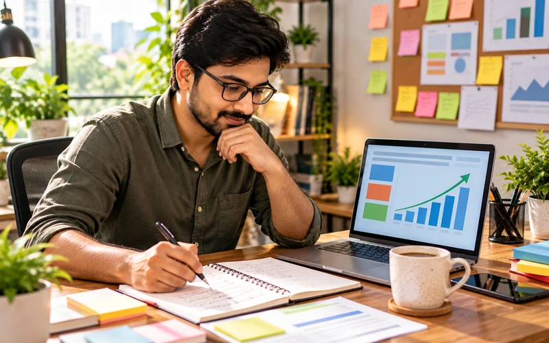 A person reviews handwritten keyword notes beside a laptop showing a website traffic graph