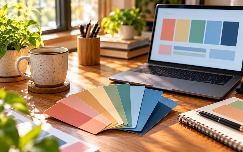 Color swatch cards and a mug sit beside a laptop showing a soft color palette.