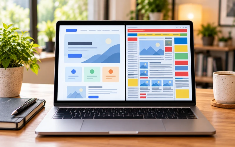 Split comparison on a laptop screen shows a clean premium layout beside a cluttered one.