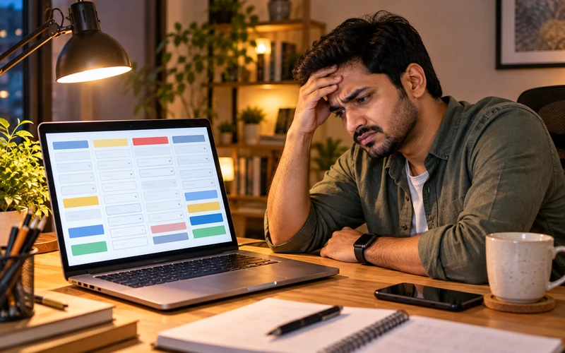 A person rubs their forehead while looking at a laptop screen filled with many form fields.