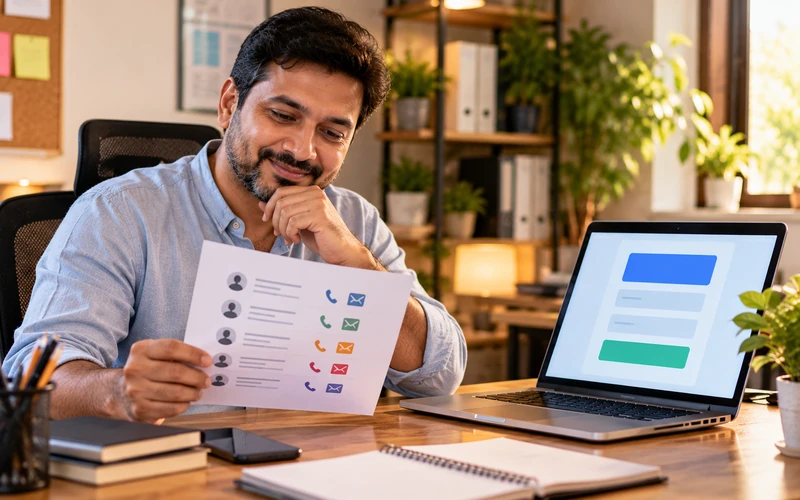 A small business owner reviews a printed list of leads beside an open laptop.
