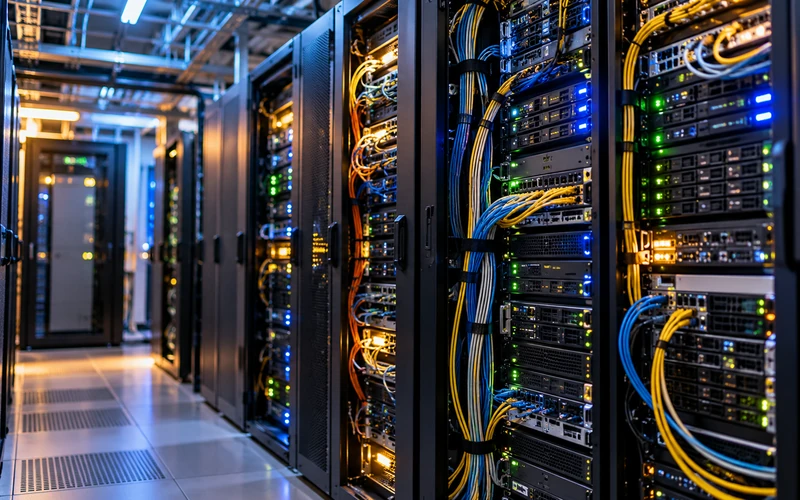 Rows of server racks with blinking status lights and tangled cables in a data center.