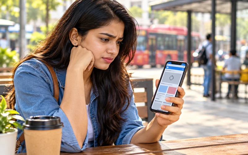 A person holds a smartphone showing product images loading on a mobile webpage