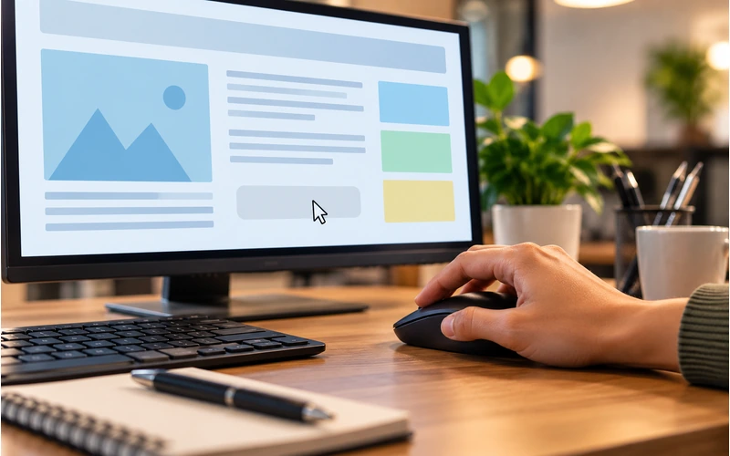 A hand hesitates over a mouse near a faint low-contrast button on a website screen