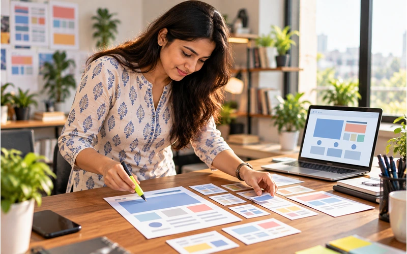 A designer arranges wireframe layout cards on a table while sketching hierarchy