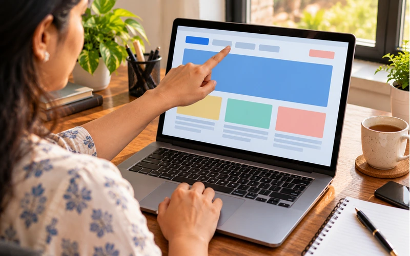 A hand clicks through a clean, minimal top navigation bar shown on a laptop screen.