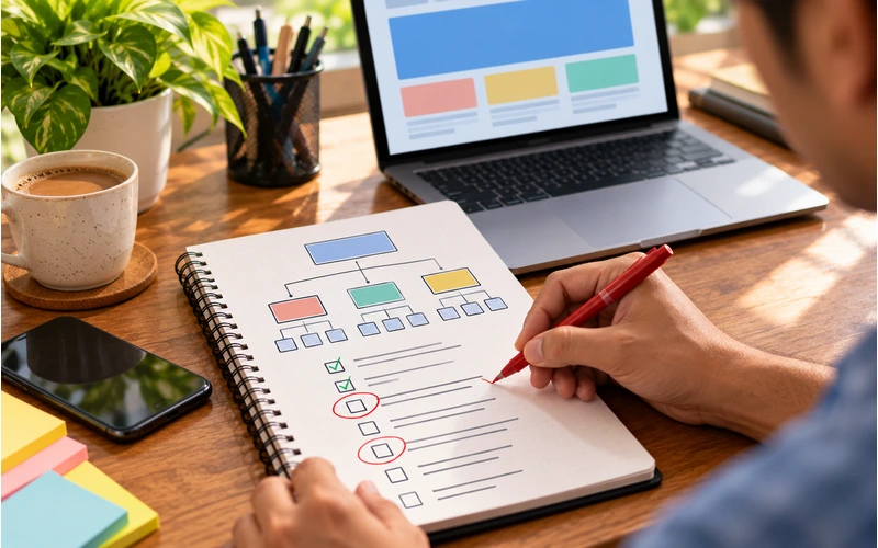 A pen circles items on a handwritten checklist reviewing common website structure mistakes.