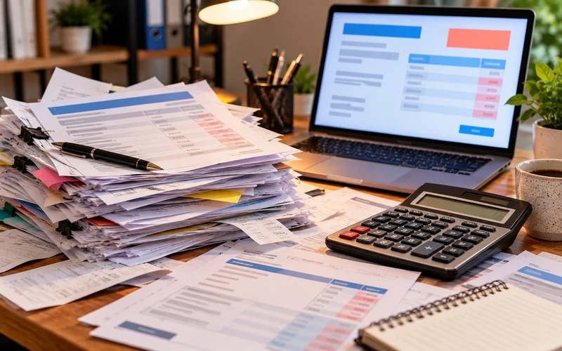 A stack of invoices and a calculator sit beside a laptop representing mounting hidden website costs