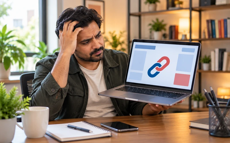 A business owner looks concerned while holding a laptop displaying an abstract locked platform icon