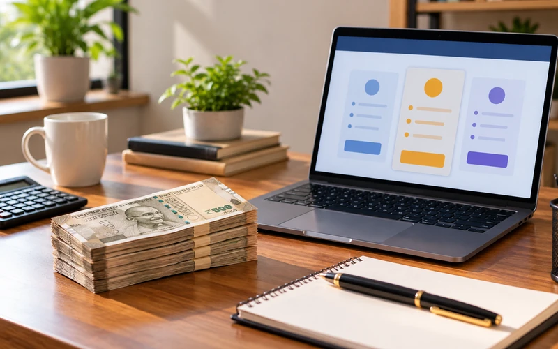 A growing stack of rupee notes sits beside a laptop hinting at rising website subscription costs