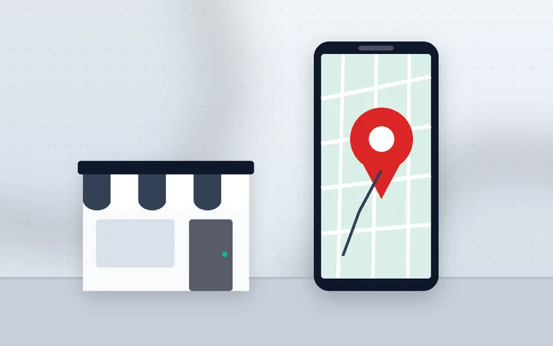 Hands hold a smartphone showing a map while walking past neighborhood shops