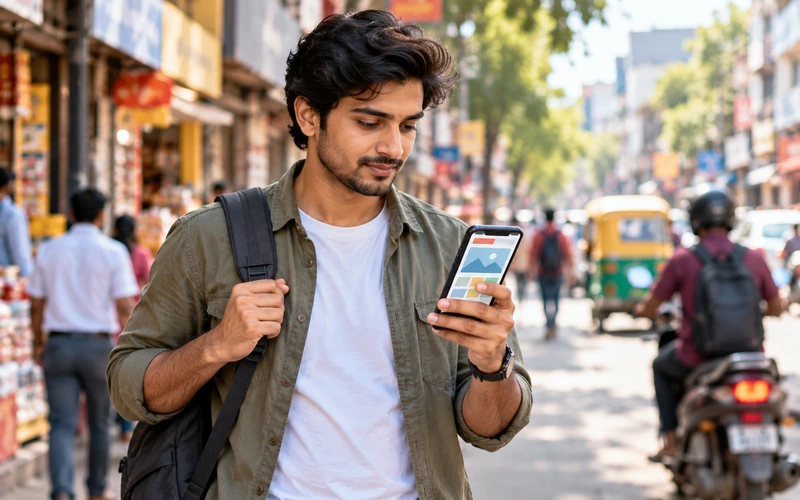 A commuter searches for a business on a smartphone while walking through a busy street.