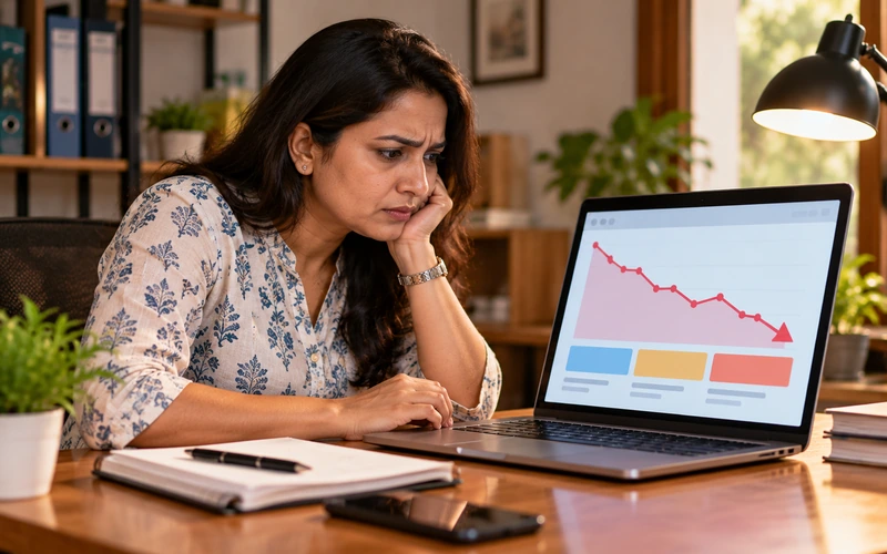 A business owner studies a declining ranking graph on a laptop with concern.