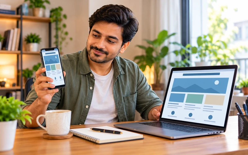A person compares matching website layouts side by side on a laptop and a smartphone