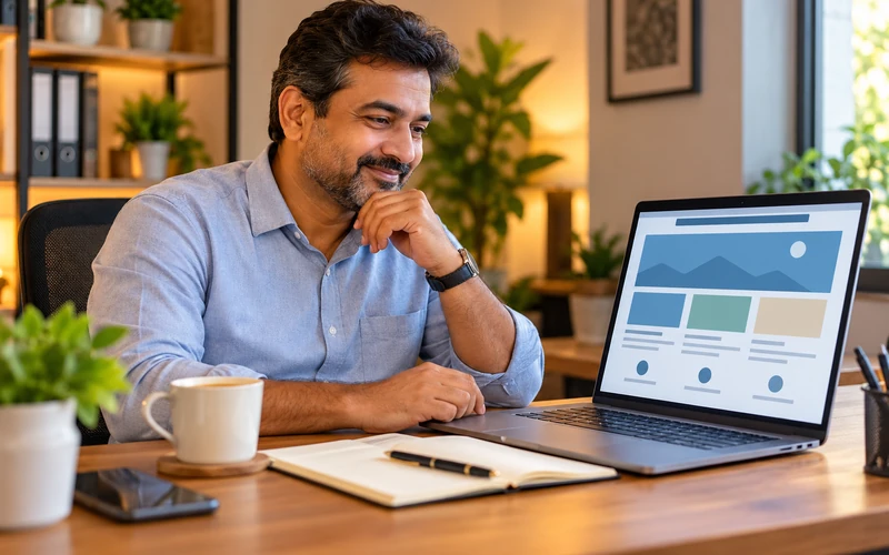 A business owner nods approvingly while reviewing a clean organized webpage layout on a laptop