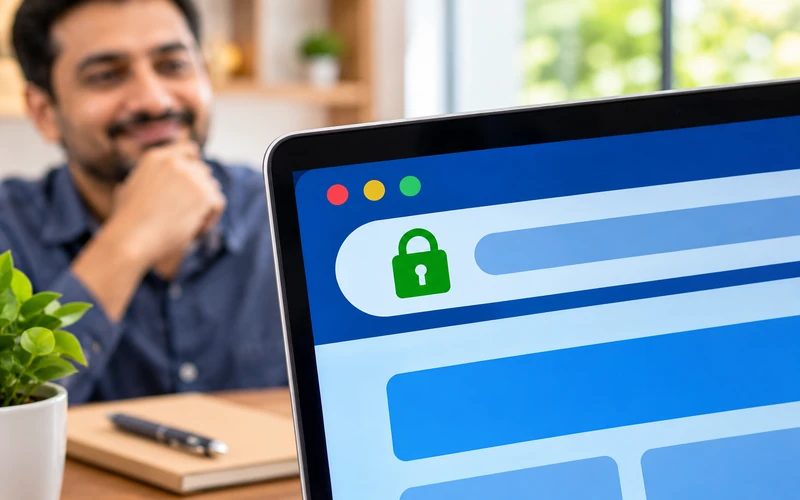 A close-up shows a padlock icon in a browser address bar on a laptop screen.