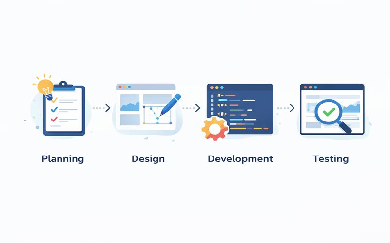 Structured website development process including requirement analysis, design, development, testing and launch